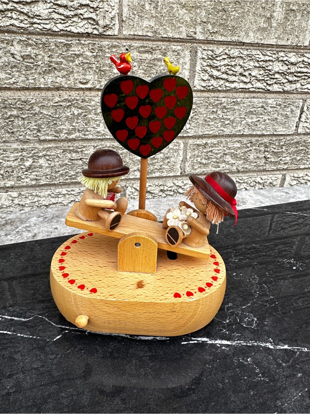VTG SCHMID HAND CARVED WOODEN SEE SAW MUSIC BOX "LOVE IS A MANY SPLENDARD THING